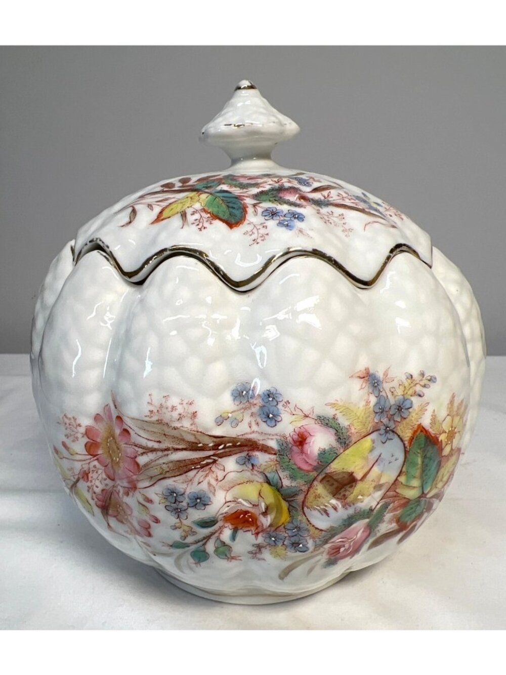 RARE Vintage Floral Porcelain Pumpkin-Shaped Decorative Jar With Lid Beautiful